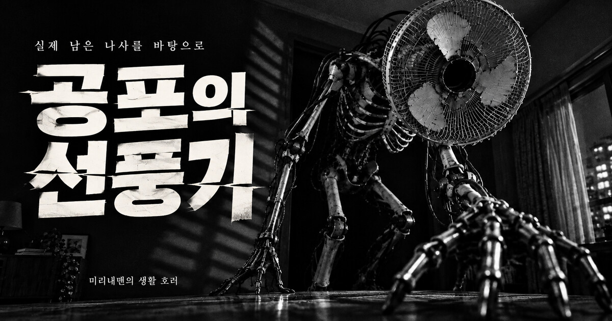 철망 얼굴과 긴 금속 손을 드러낸 선풍기 요괴 — 흑백 서스펜스 포스터, 공포의 선풍기