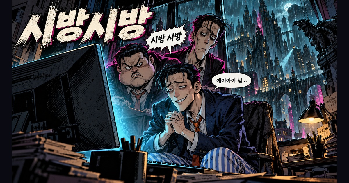 시방시방 제목 아래, 비 내리는 도시에서 AI님 앞에 모인 시방 트리오 세 사람의 첫 시안.