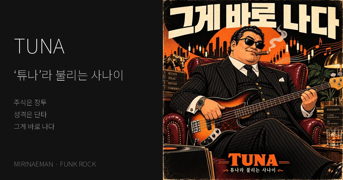 검은 선글라스와 시가를 한 정장 차림의 튜나가 베이스를 연주하는 만화 앨범 아트