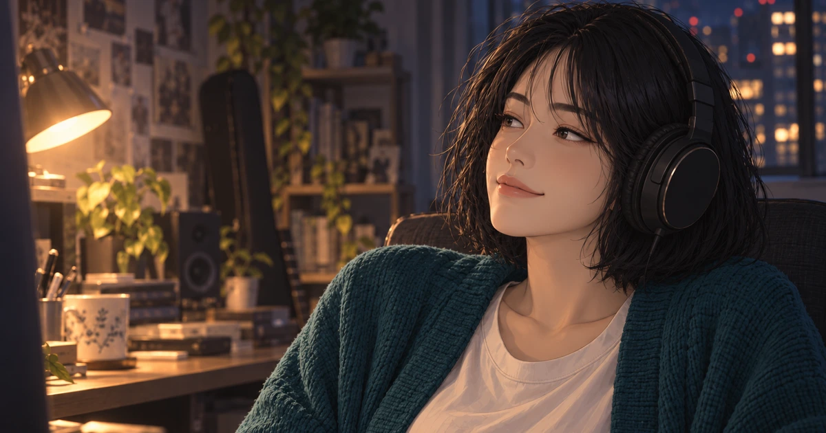 헤드폰을 쓰고 자신의 노래를 즐기는 여성 창작자