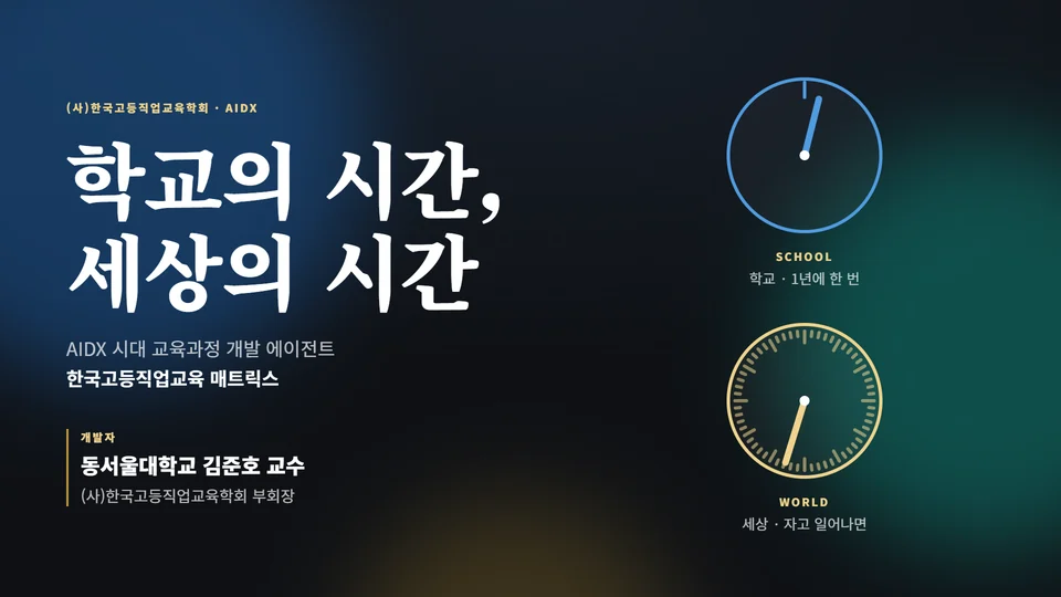 학교의 시간, 세상의 시간 — 느린 파랑 시계와 빠른 금빛 시계가 놓인 AIDX 교육과정 개발 에이전트 발표 표지