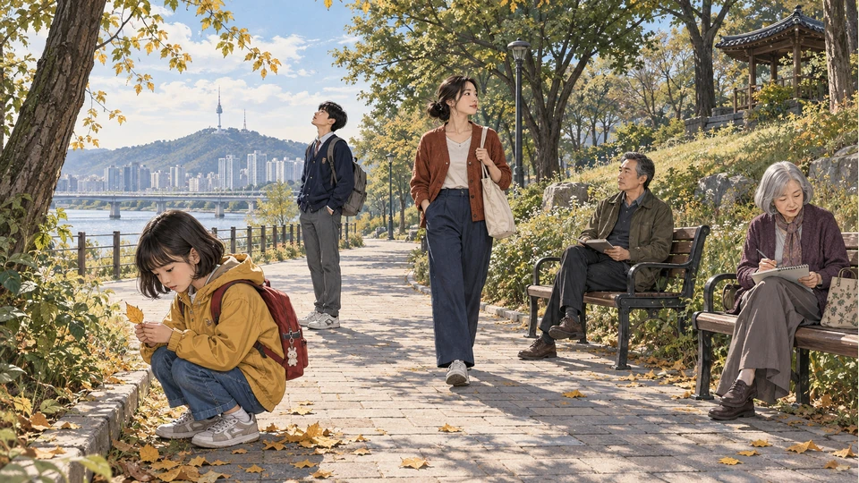 초가을 강변에서 각자의 시간을 보내는 다섯 세대 · 벌써, 가을