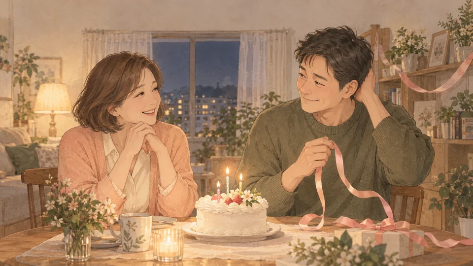 촛불이 켜진 생일 케이크 앞에서 서로를 보며 웃는 부부