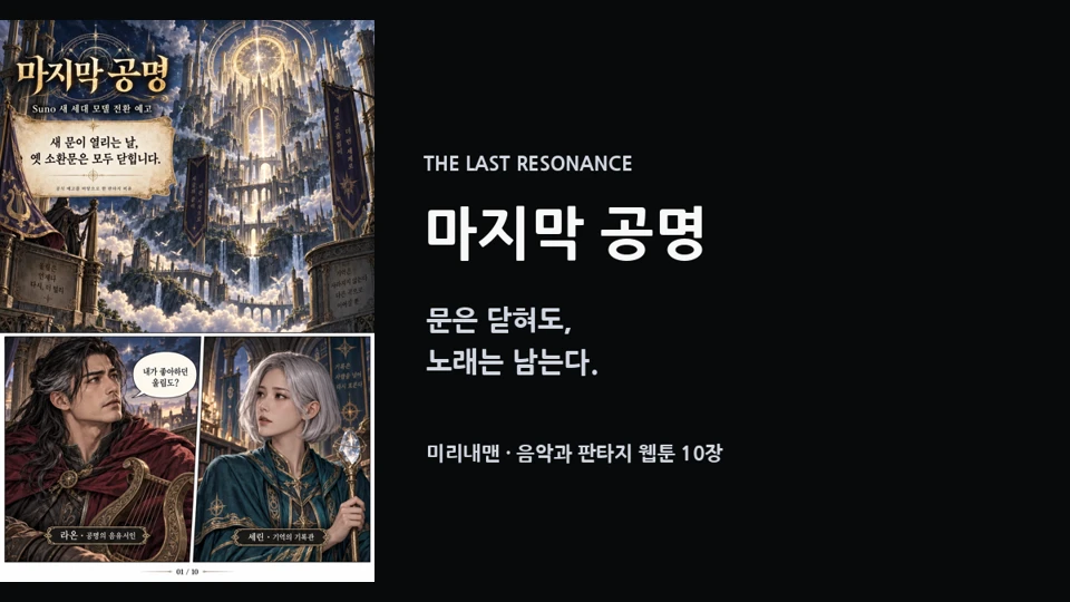 금빛 성채와 닫힐 소환문을 배경으로 한 마지막 공명 제목 이미지