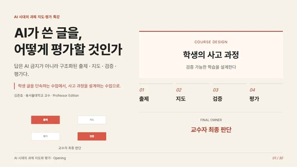 AI가 쓴 글을 어떻게 평가할 것인가 — 30장 강의의 첫 화면