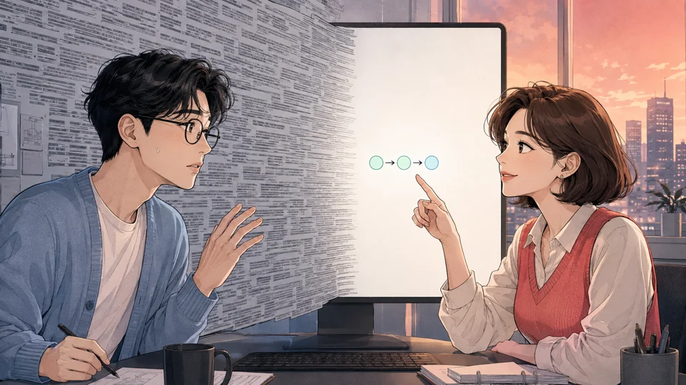 노을 진 사무실에서 긴 설명의 벽 대신 세 칸짜리 작은 흐름도를 함께 바라보는 두 사람