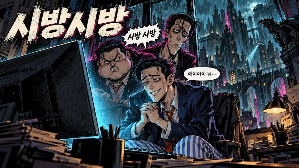 시방시방 제목과 비 내리는 도시에서 AI님 앞에 모인 시방 트리오 세 사람의 첫 시안