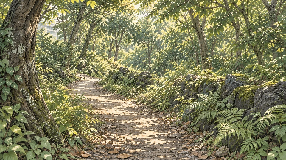 제주 호텔 곁, 햇살이 들어오는 울창한 숲의 오솔길