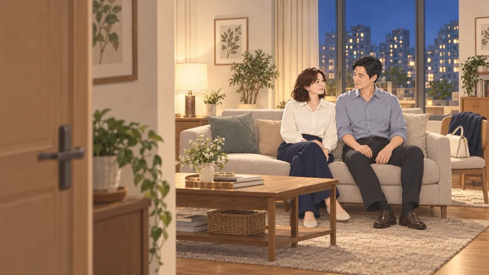 소파에 나란히 앉아 눈을 맞추는 중년 부부 — 딱 좋아
