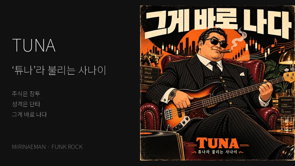 검은 선글라스와 시가를 한 정장 차림의 튜나가 베이스를 연주하는 만화 앨범 아트
