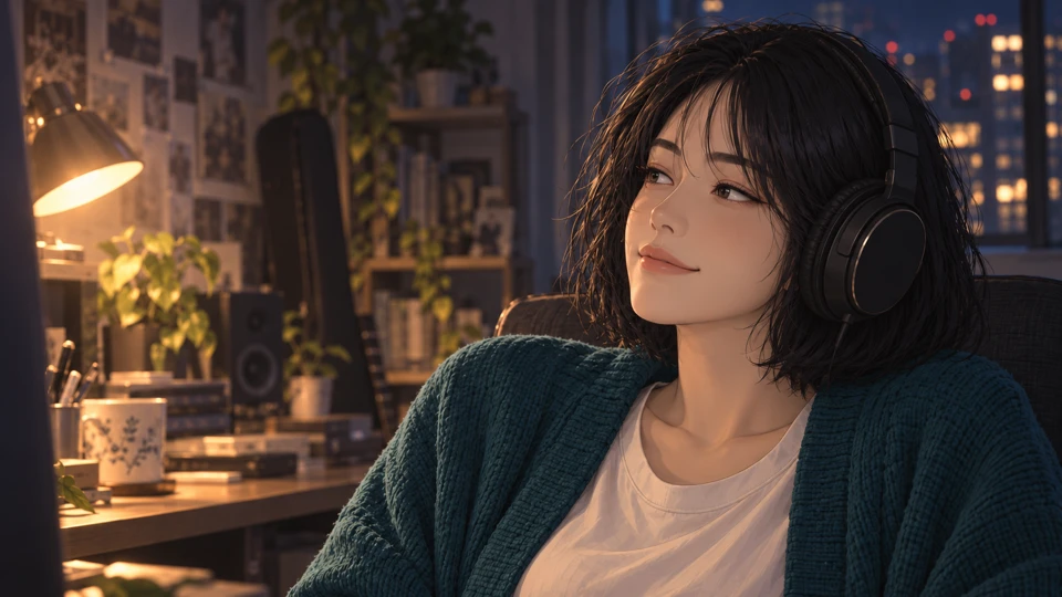 헤드폰을 쓰고 자신의 노래를 즐기는 여성 창작자