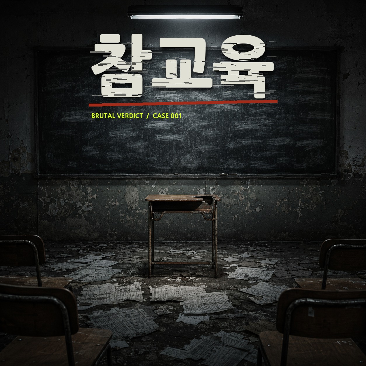 폐허가 된 교실 증언대 위에 제목 참교육이 새겨진 공식 앨범 커버