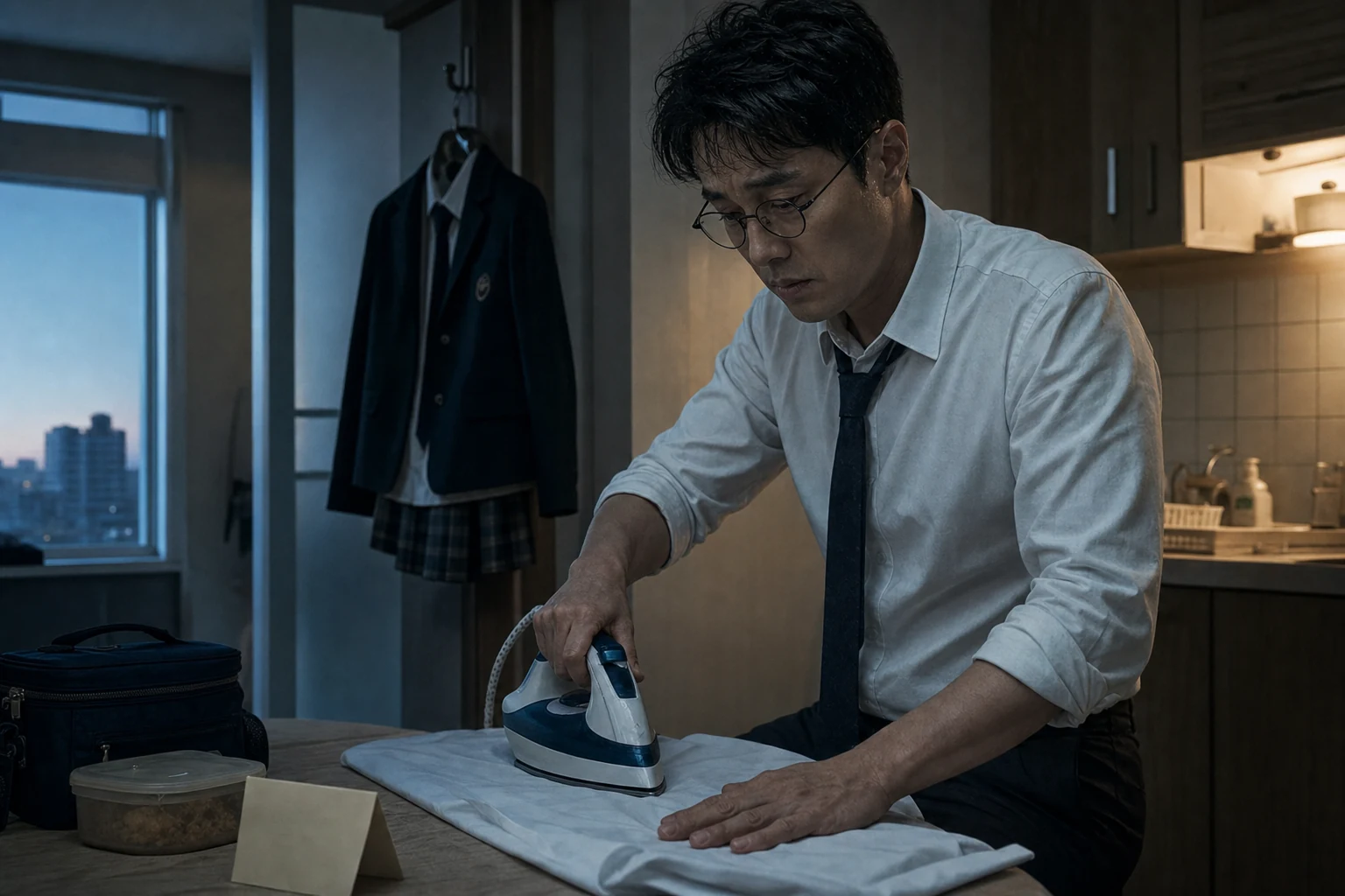 이른 새벽 딸의 교복을 다리는 소지섭의 김부장