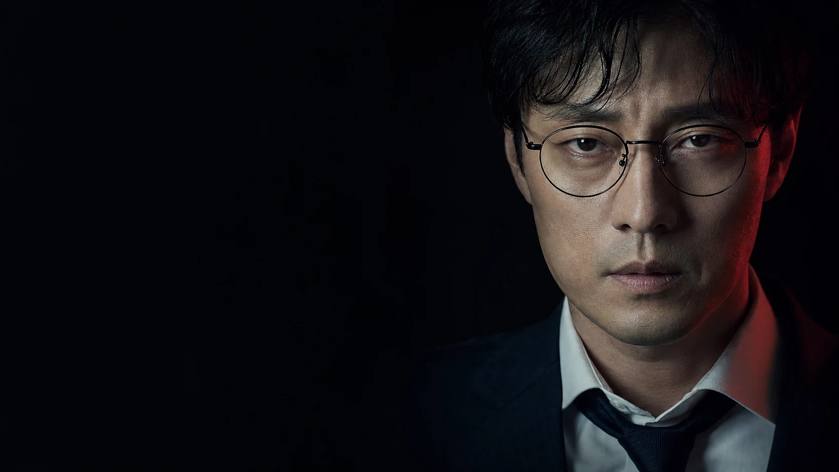 입을 다문 채 차갑게 분노를 누르며 정면을 응시하는 김부장